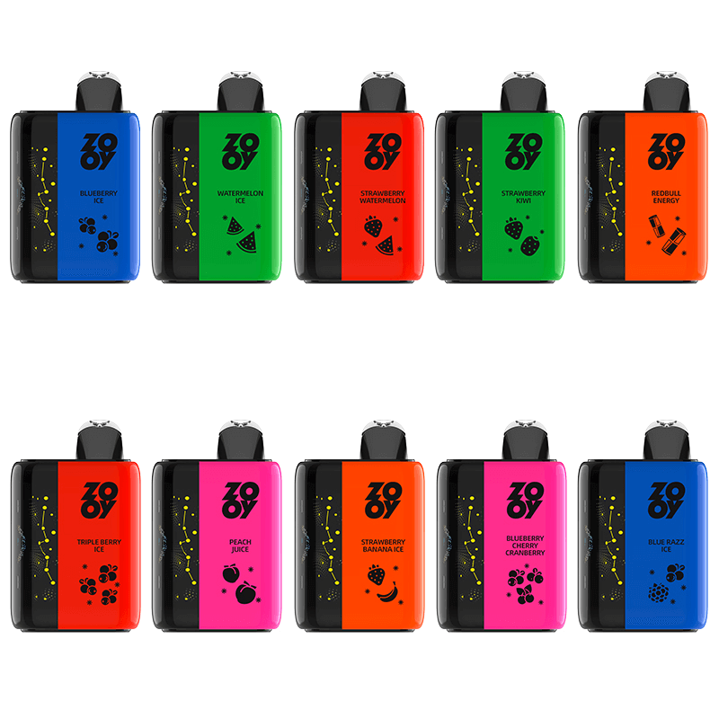 Ten colorful rectangular disposable vape devices arranged in two rows of five on a white background, each with a black left side and a bright colored right panel featuring a logo, flavor name and small fruit or energy icons, plus a top mouthpiece.