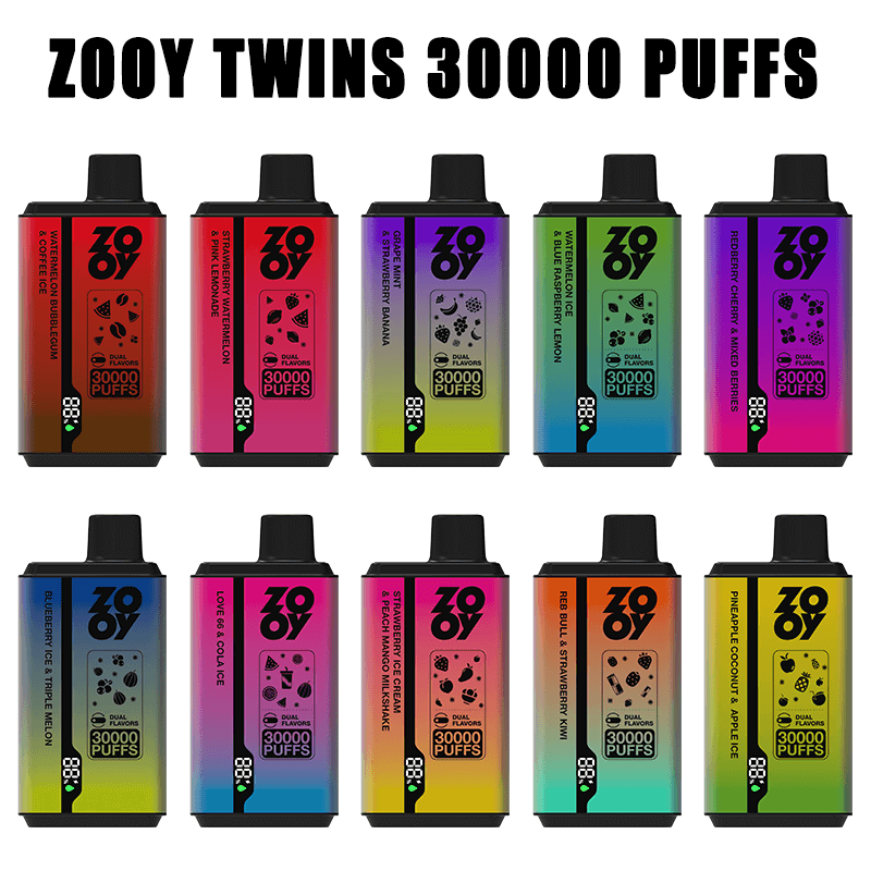 Two rows of twelve colorful Zooy Twins disposable vape devices with gradient finishes, flavor labels and small icons, each marked "30000 PUFFS," arranged beneath a bold header reading ZOOY TWINS 30000 PUFFS.