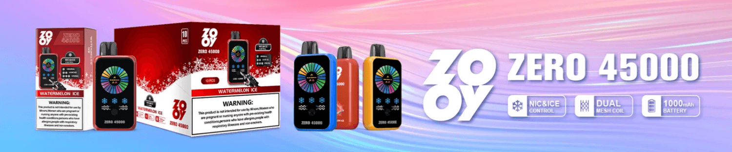 Promotional banner showing Zooy Zero 45000 disposable vape devices and packaging—three colorful pod-style devices (blue, red, yellow) with circular rainbow screens and boxes labeled Watermelon Ice, set against a pink-to-blue gradient with the large product name ZOOY ZERO 45000 and icons for NIC&ICE control, dual mesh coil, and 1000mAh battery.