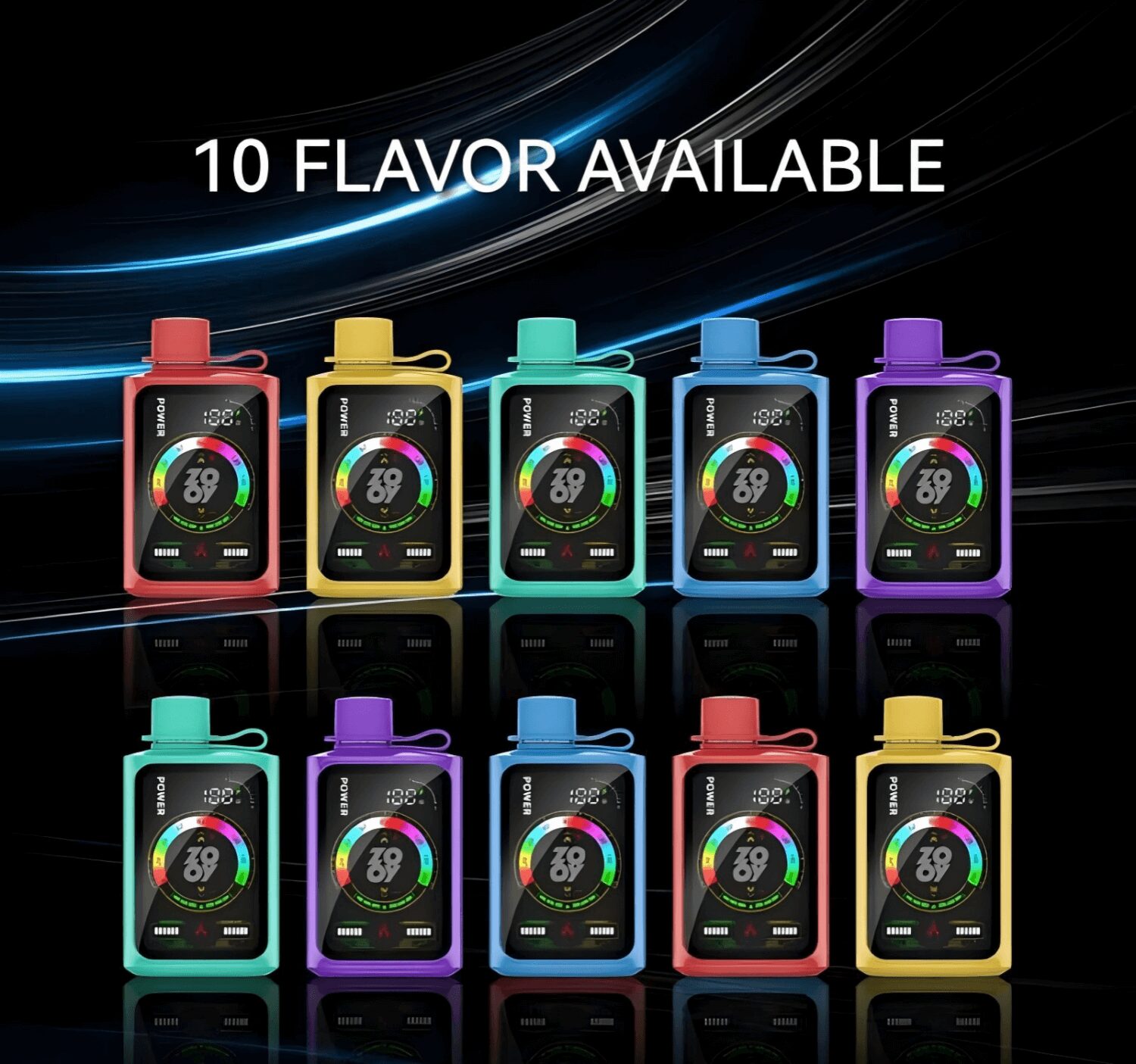 Ten colorful rectangular vape devices with looped mouthpiece caps and round digital displays shown in two rows against a black streaked background beneath the headline '10 FLAVOR AVAILABLE'.