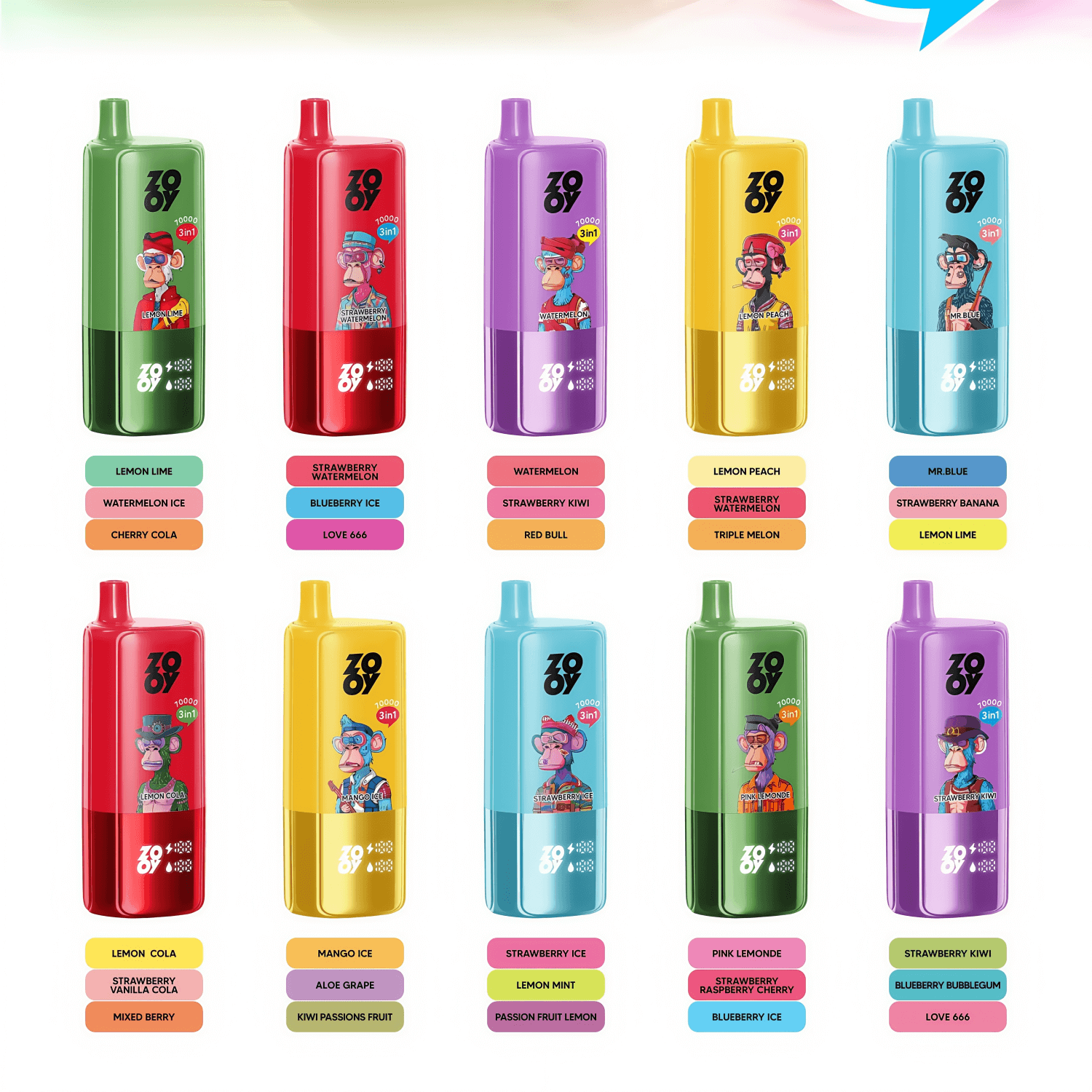 Two rows of twelve colorful disposable vape devices (six per row) in bright green, red, purple, yellow and blue, each bearing ZOOY branding, a cartoon monkey illustration, and stacked labels beneath showing multiple fruity flavor names.