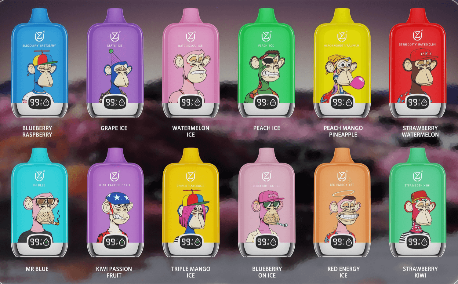 Twelve bright, rounded-rectangle disposable vape devices arranged in two rows against a smoky background, each featuring a stylized cartoon ape illustration, a small digital display reading “95%,” and printed fruit-flavor names (blueberry raspberry, grape ice, watermelon ice, peach ice, peach mango pineapple, strawberry watermelon, Mr Blue, kiwi passion fruit, triple mango ice, blueberry on ice, red energy ice, strawberry kiwi).