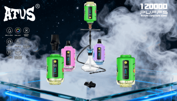 Colorful cylindrical vape devices in green, pink, and purple with digital displays and detachable mouthpieces arranged around a glass hookah on a reflective platform amid swirling vapor, with the ATVS logo and '120000 PUFFS' text visible in the starry background.
