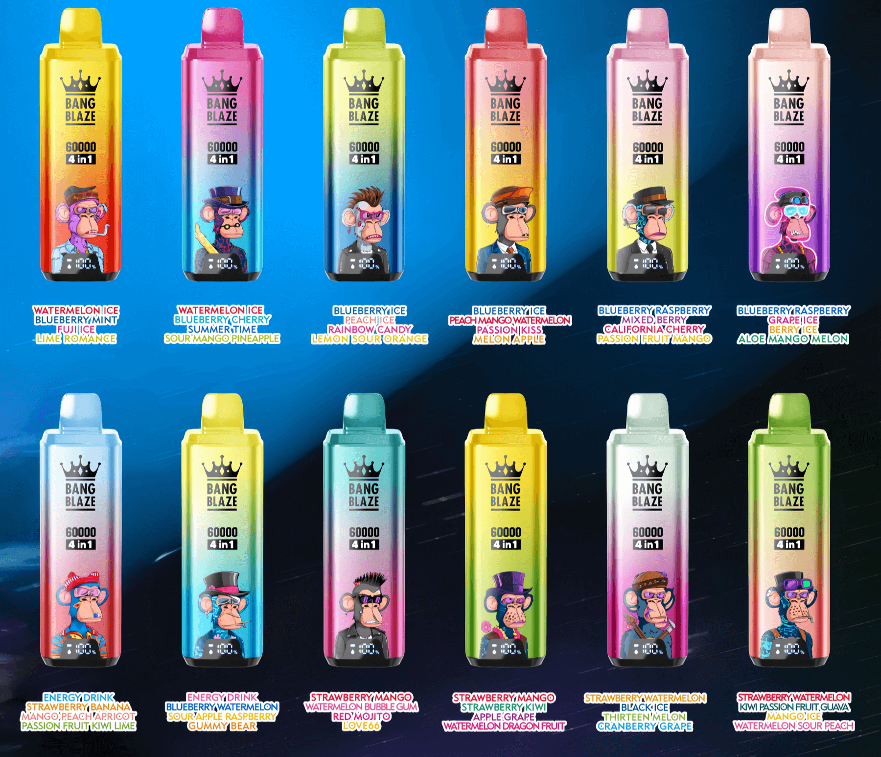 Grade de doze dispositivos vape descartáveis ​​coloridos Bang Blaze com corpos gradientes e logotipo de coroa, cada um marcado como "60000 4 em 1" e apresentando um personagem de desenho animado e pequenos nomes de sabores de frutas (melancia, mirtilo, manga e outros sabores misturados) abaixo.