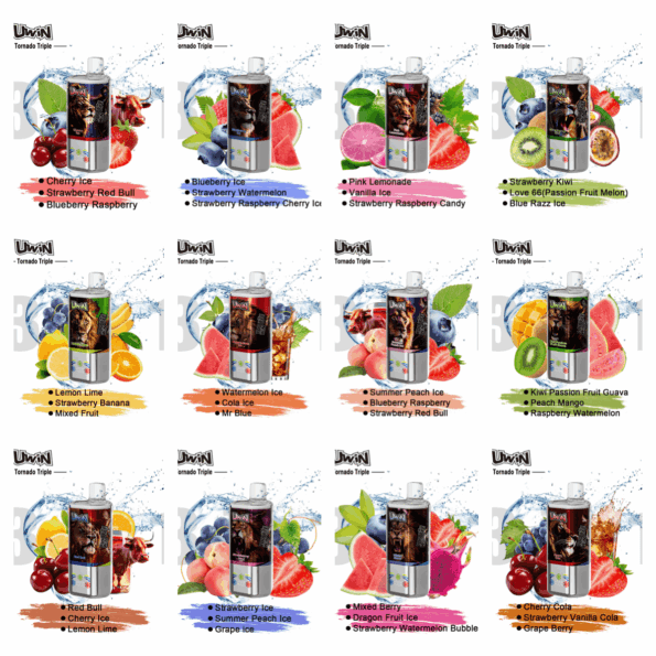 Grid of 12 Uwin “Tornado Triple” vape can designs arranged in three rows of four, each can paired with vivid fruit illustrations and printed flavor names such as Cherry Ice, Strawberry Red Bull, Blueberry Raspberry, Watermelon Ice and Kiwi Passion Fruit.