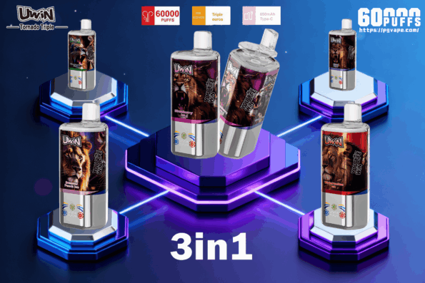 Several metallic UWIN Tornado Triple disposable vape devices with lion artwork arranged on glowing purple-blue hexagonal pedestals connected by neon lines, with a central pair above a podium and on-image labels reading 60,000 puffs and 3in1.