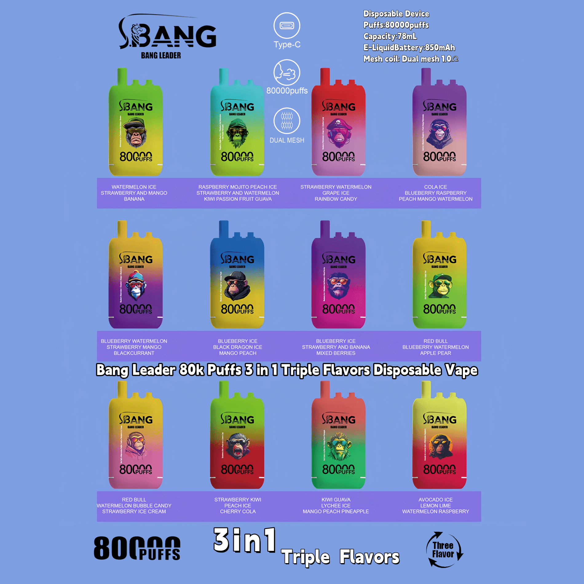 Colorful product poster depicting twelve gradient Bang Leader disposable vape devices, each with a cartoon ape logo and '80,000 puffs' label, promoting '3 in 1 Triple Flavors' and listing various fruit flavor combinations alongside icons for Type‑C, 80,000 puffs, and dual mesh.