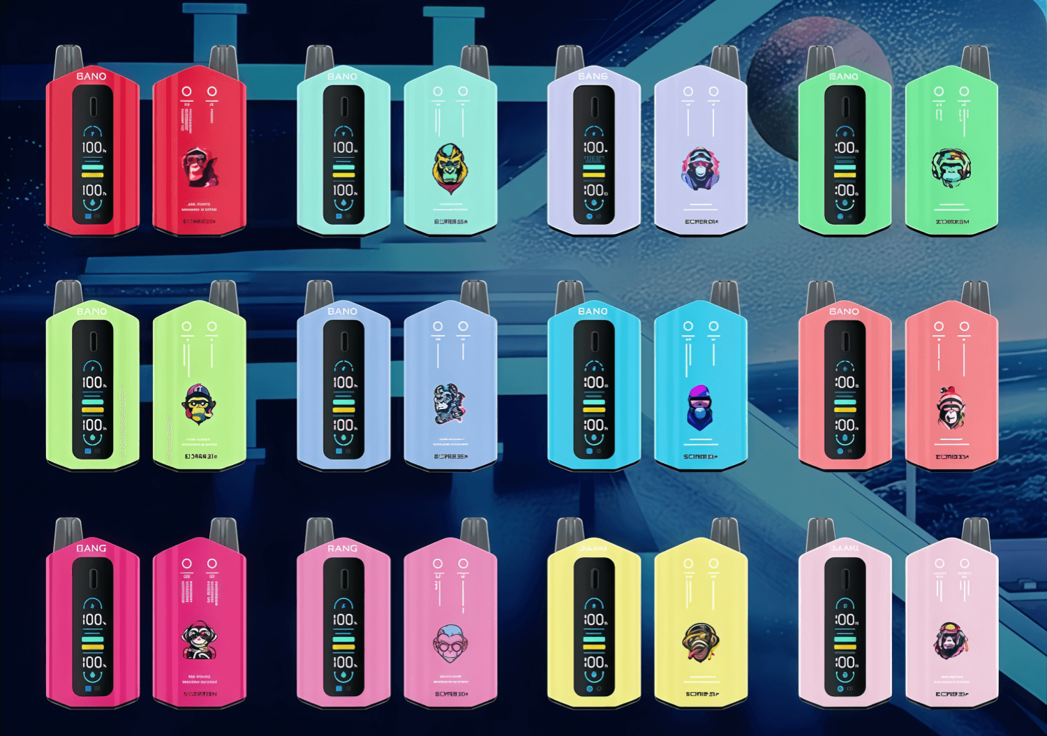 Grid of colorful compact vape-style devices arranged in rows against a space-themed blue background, each hexagonal-bodied unit featuring a central black display with numeric and bar indicators and a small character graphic or logo on the body.