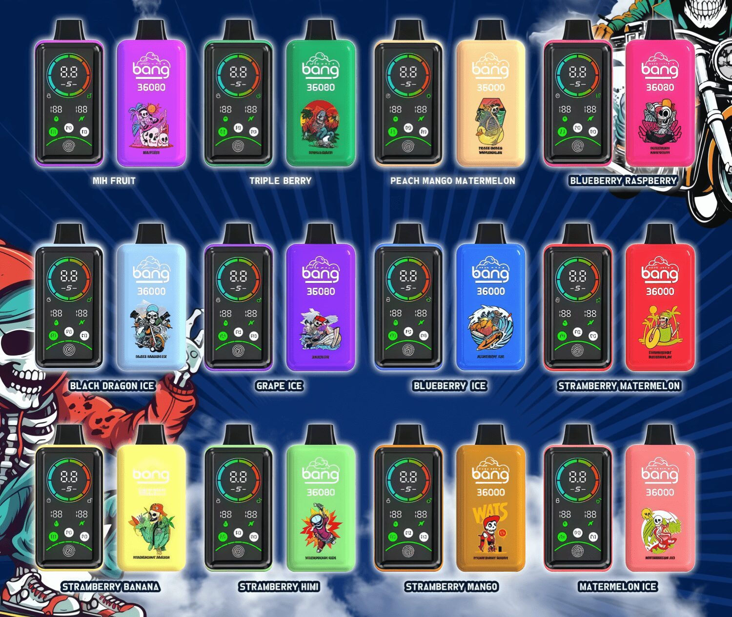 Grid of 15 colorful rectangular "Bang 36000" disposable vape devices in three rows, each with a small digital display, unique fruit or skull artwork and flavor labels on a dark blue radial background.