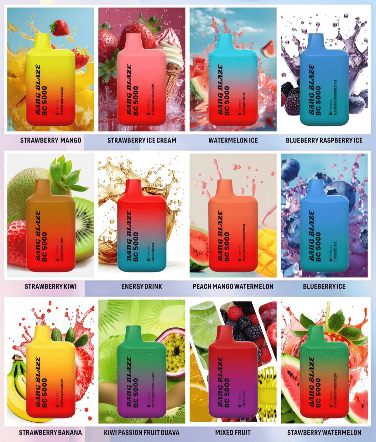 Twelve colorful gradient Bang Blaze BC 5000 disposable vape devices arranged in a grid, each shown with matching fruit or beverage splash backgrounds and labeled flavors such as Strawberry Mango, Strawberry Ice Cream, Watermelon Ice, Blueberry Raspberry Ice, Strawberry Kiwi, Energy Drink, Peach Mango Watermelon, Blueberry Ice, Strawberry Banana, Kiwi Passion Fruit Guava, Mixed Fruit, and Strawberry Watermelon.