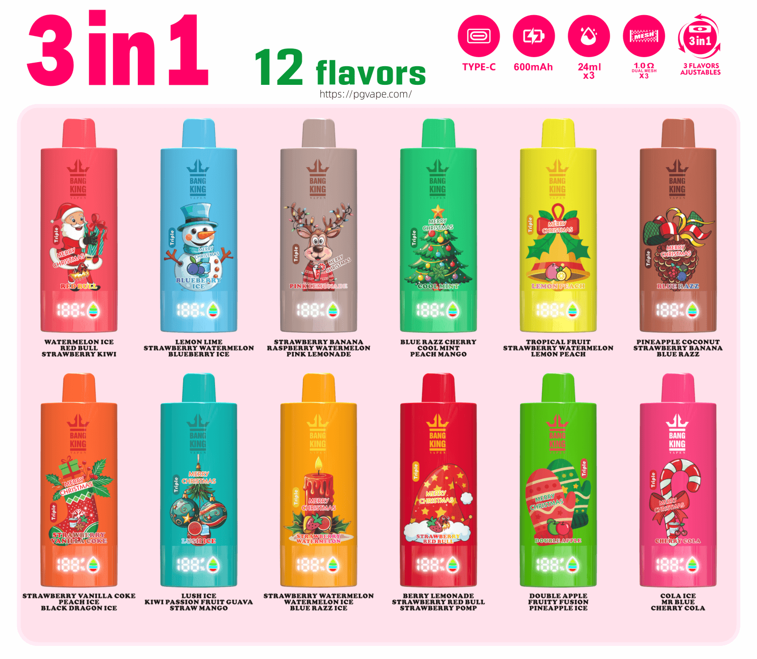Twelve brightly colored disposable vape devices arranged in two rows under a large "3 in 1" and "12 flavors" header, each tube showing a unique festive or fruit-themed illustration and flavor name with small specs icons (Type‑C, 600mAh, 24ml×3) along the top.