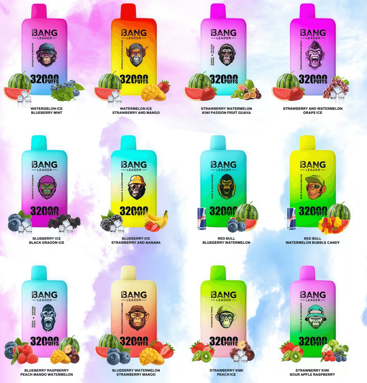 Twelve colorful gradient disposable vape devices labeled BANG LEADER and 32,000 puffs arranged in a grid on a pastel smoky background, each accompanied by fruit, ice or beverage icons indicating flavors like watermelon, blueberry, strawberry, mango, kiwi, passion fruit, grape, banana, Red Bull, bubble candy, peach and raspberry.