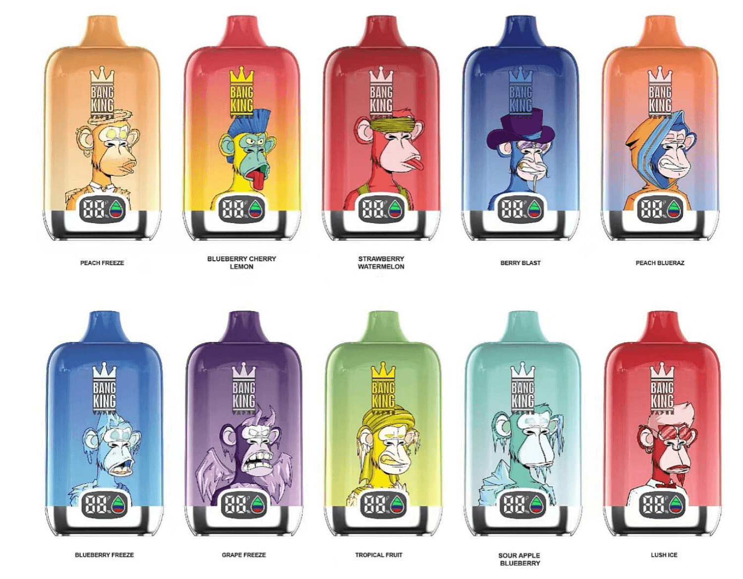 Two rows of ten colorful Bang King disposable vape devices (five per row), each with a cartoon ape graphic, small digital display and flavor names such as Peach Freeze, Blueberry Cherry Lemon, Strawberry Watermelon, Berry Blast, Peach Blueraz, Blueberry Freeze, Grape Freeze, Tropical Fruit, Sour Apple Blueberry and Lush Ice.
