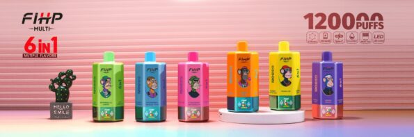 Six colorful rectangular vape devices (green, blue, pink, orange, yellow, purple) with cartoon ape labels and FIHP Multi branding reading “6 in 1” and “12000 PUFFS,” lined up on a pink ribbed background with a small decorative cactus in a pot at the left.