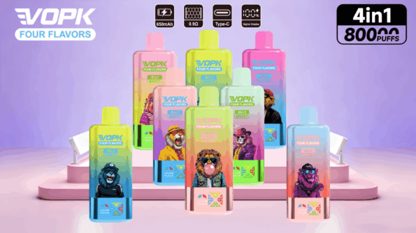 Row of seven colorful gradient disposable vape devices labeled VOPK Four Flavors with illustrated animal mascots, a 4in1 800 puffs badge and small technical icons (650mAh, 0.9Ω, Type‑C, digital display) arranged on a pastel purple‑pink display stand.